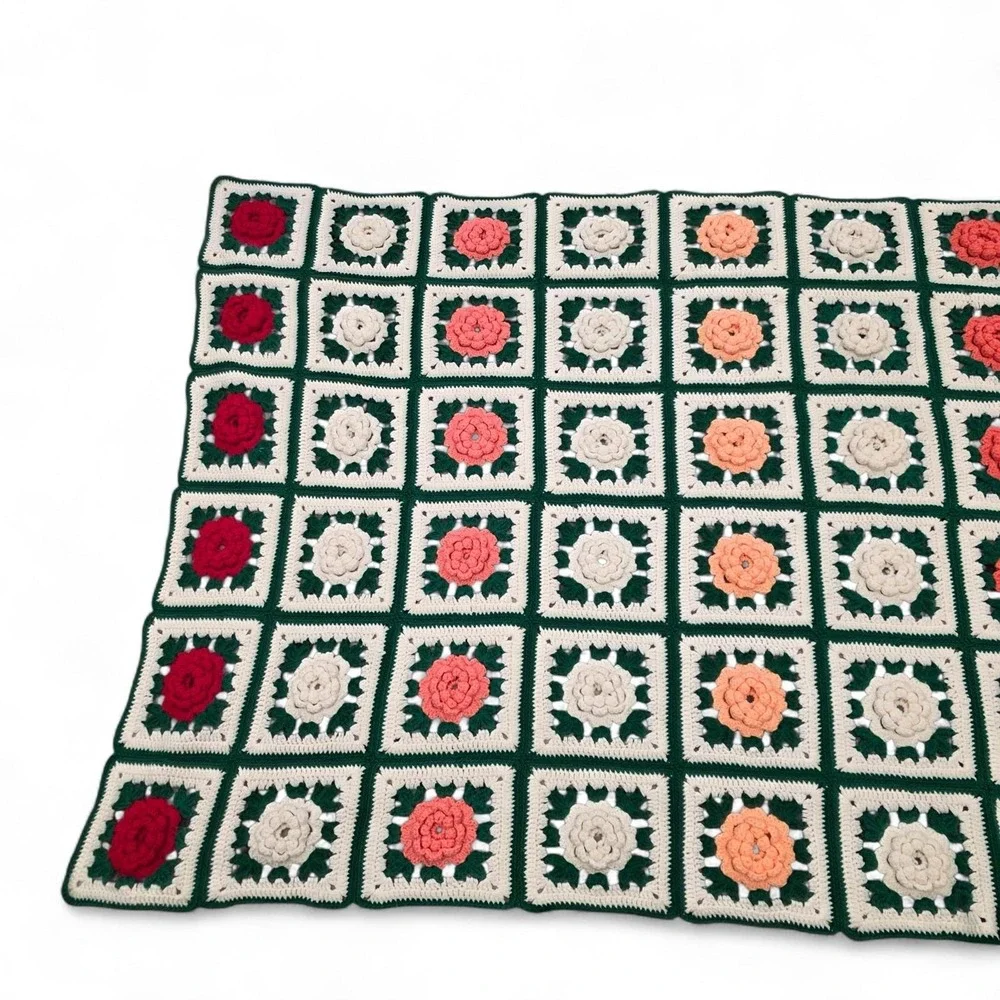 Handmade Crochet Knit Throw Granny Blanket 3D Afghan Roses Square Floral Cottage